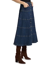 Wilhelmina Tiered Button-Front Denim Midi-Skirt