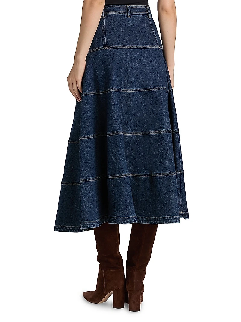 Wilhelmina Tiered Button-Front Denim Midi-Skirt