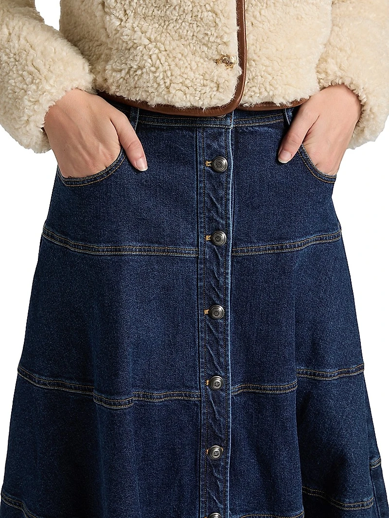 Wilhelmina Tiered Button-Front Denim Midi-Skirt