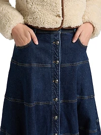 Wilhelmina Tiered Button-Front Denim Midi-Skirt