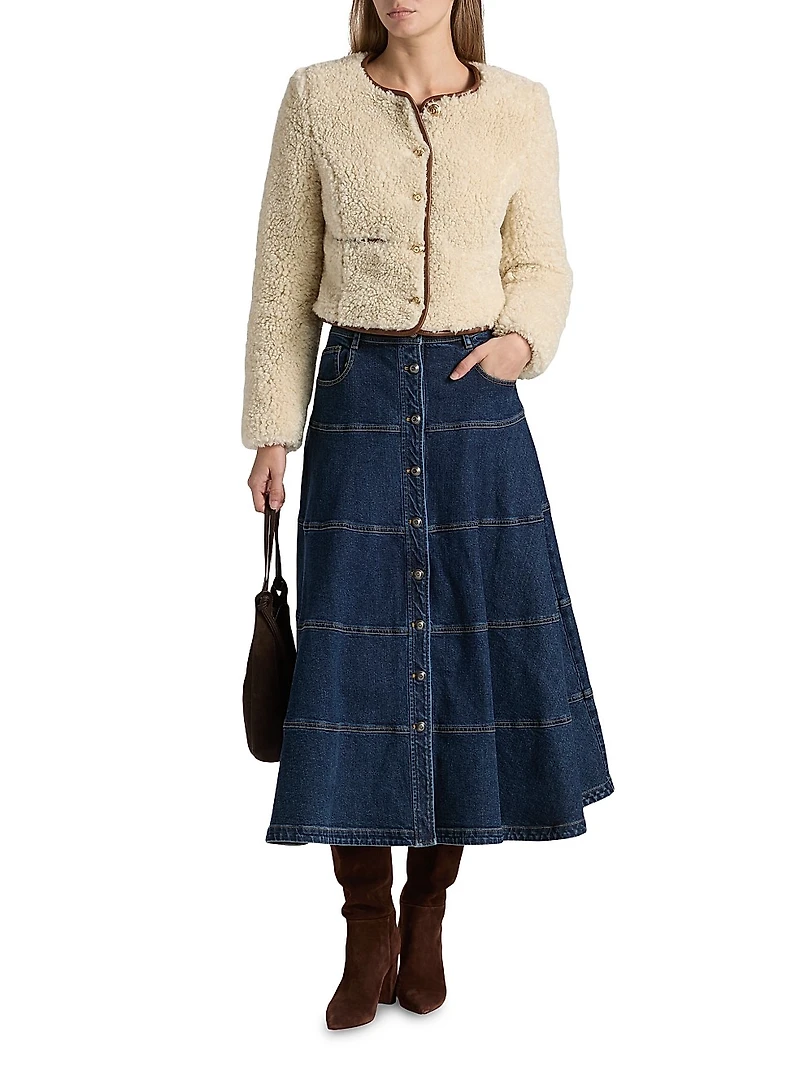 Wilhelmina Tiered Button-Front Denim Midi-Skirt
