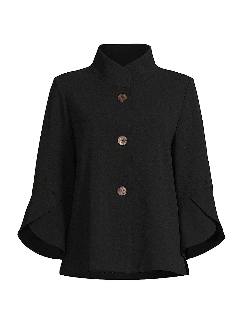 Button-Front Bell-Sleeve Deco Crepe Jacket