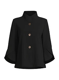 Button-Front Bell-Sleeve Deco Crepe Jacket