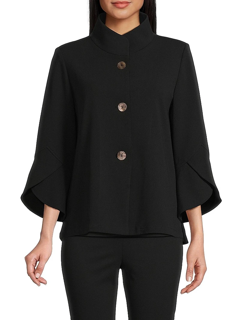 Button-Front Bell-Sleeve Deco Crepe Jacket