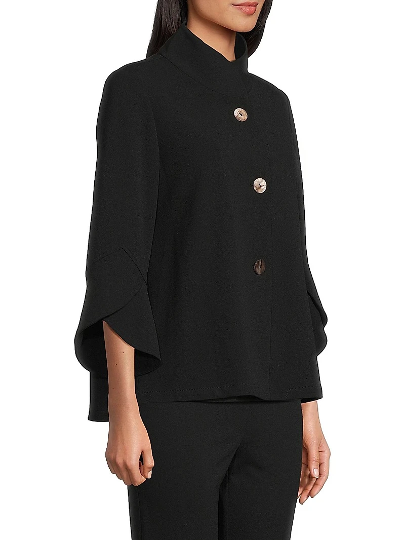 Button-Front Bell-Sleeve Deco Crepe Jacket