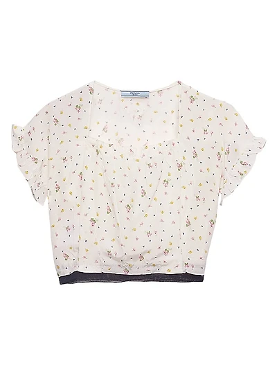 Short-Sleeved Floral Print Pongé Crop Top