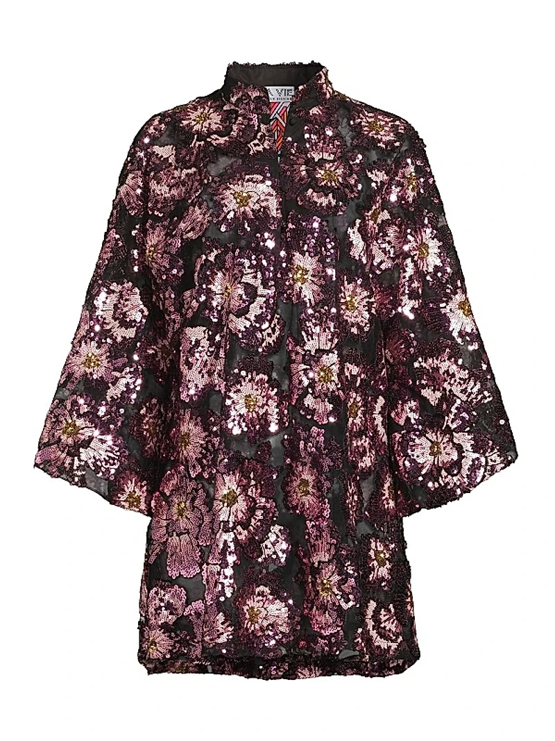 Floral-Sequined Chiffon Oversized Mini Caftan