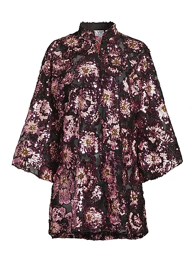 Floral-Sequined Chiffon Oversized Mini Caftan