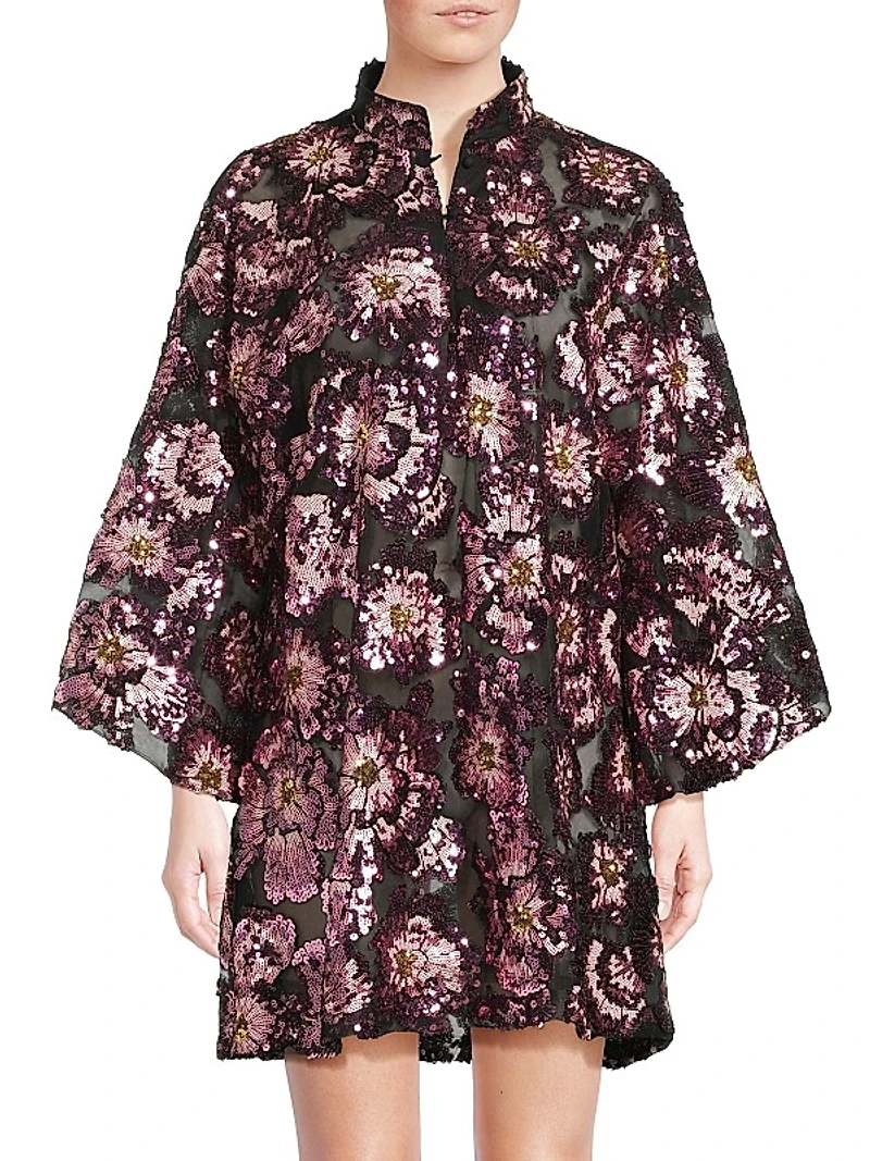 Floral-Sequined Chiffon Oversized Mini Caftan
