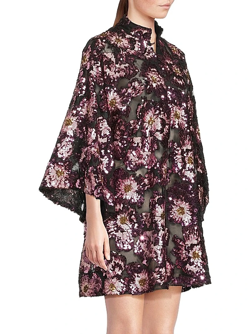 Floral-Sequined Chiffon Oversized Mini Caftan