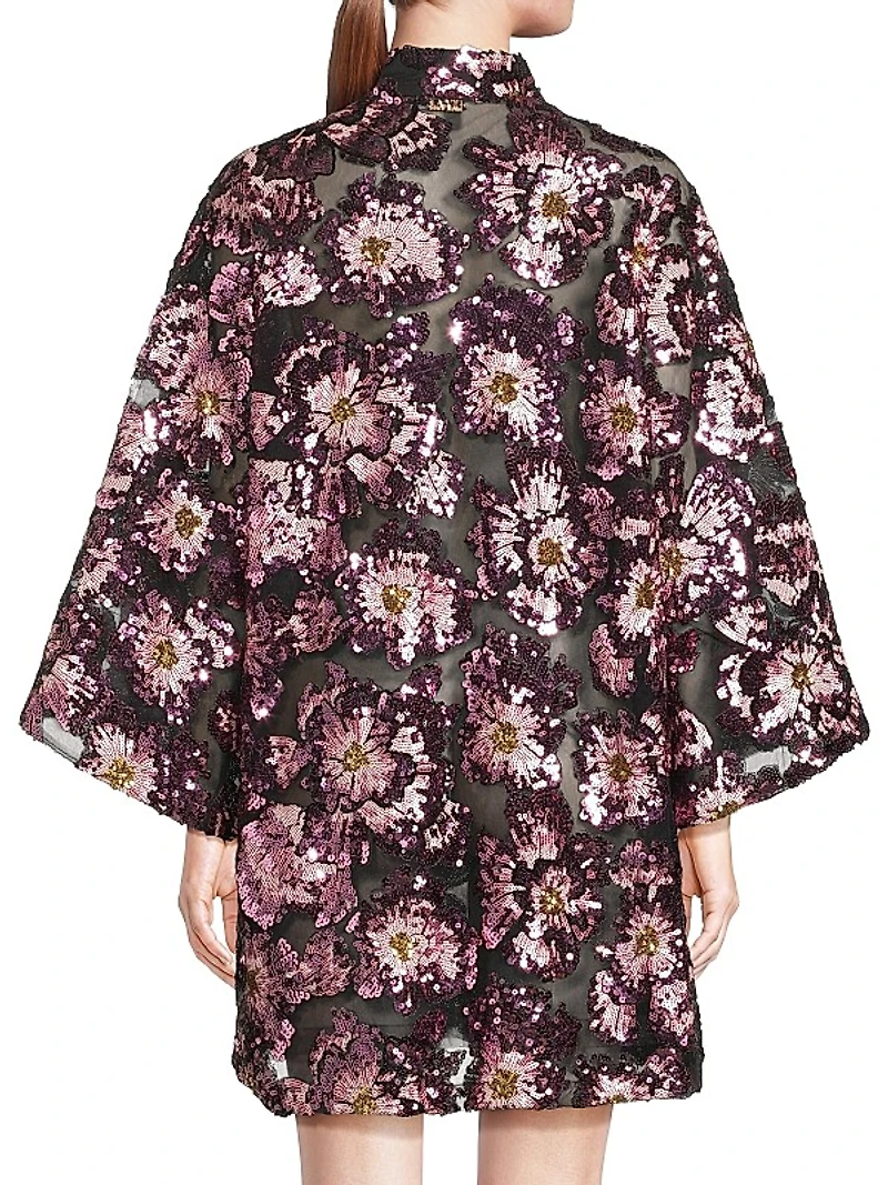 Floral-Sequined Chiffon Oversized Mini Caftan