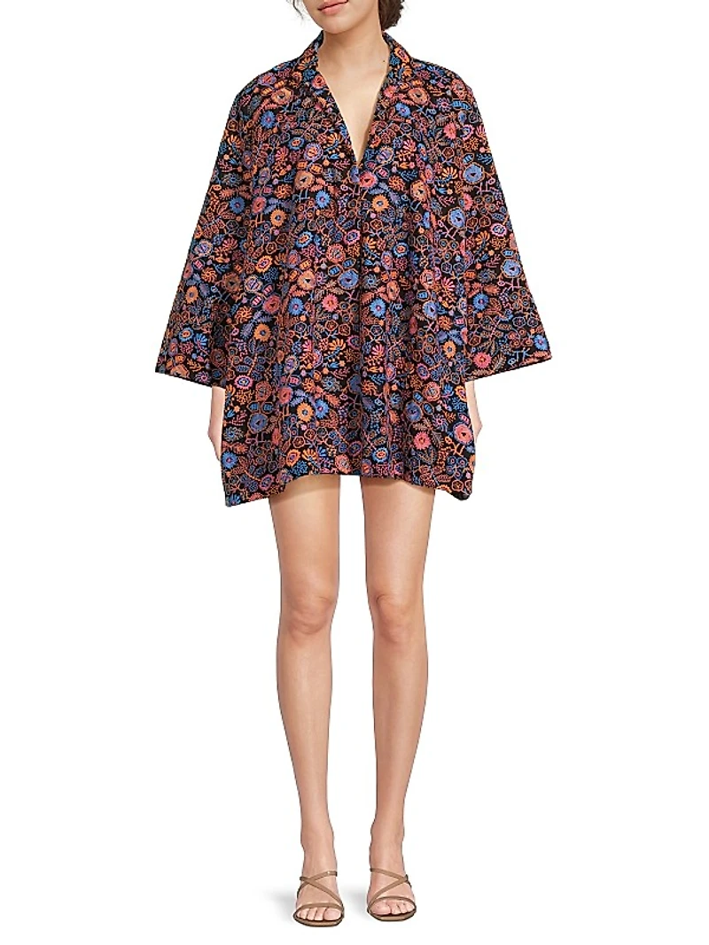 Floral-Embroidered Oversized Minidress