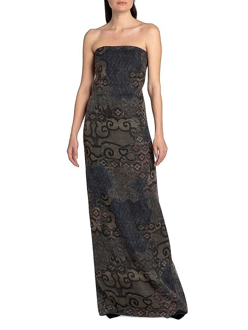 Geometric Silk Strapless Column Gown