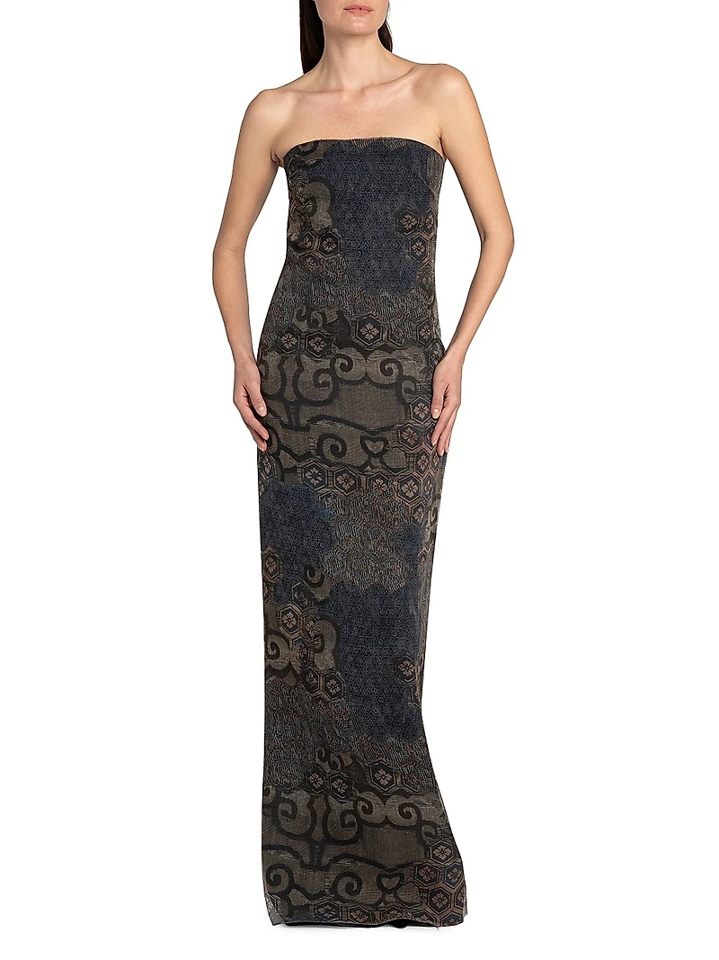 Geometric Silk Strapless Column Gown
