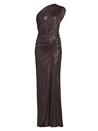 Coated Jersey One-Shoulder Ruched Maxi Dress