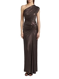 Coated Jersey One-Shoulder Ruched Maxi Dress