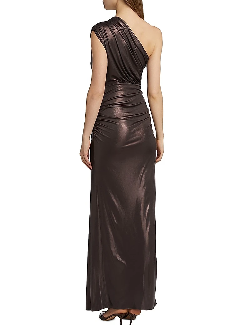 Coated Jersey One-Shoulder Ruched Maxi Dress