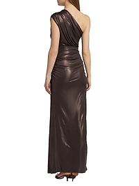 Coated Jersey One-Shoulder Ruched Maxi Dress