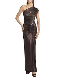 Coated Jersey One-Shoulder Ruched Maxi Dress
