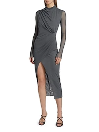 Draped Mesh Mock-Turtleneck Midi-Dress