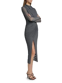 Draped Mesh Mock-Turtleneck Midi-Dress
