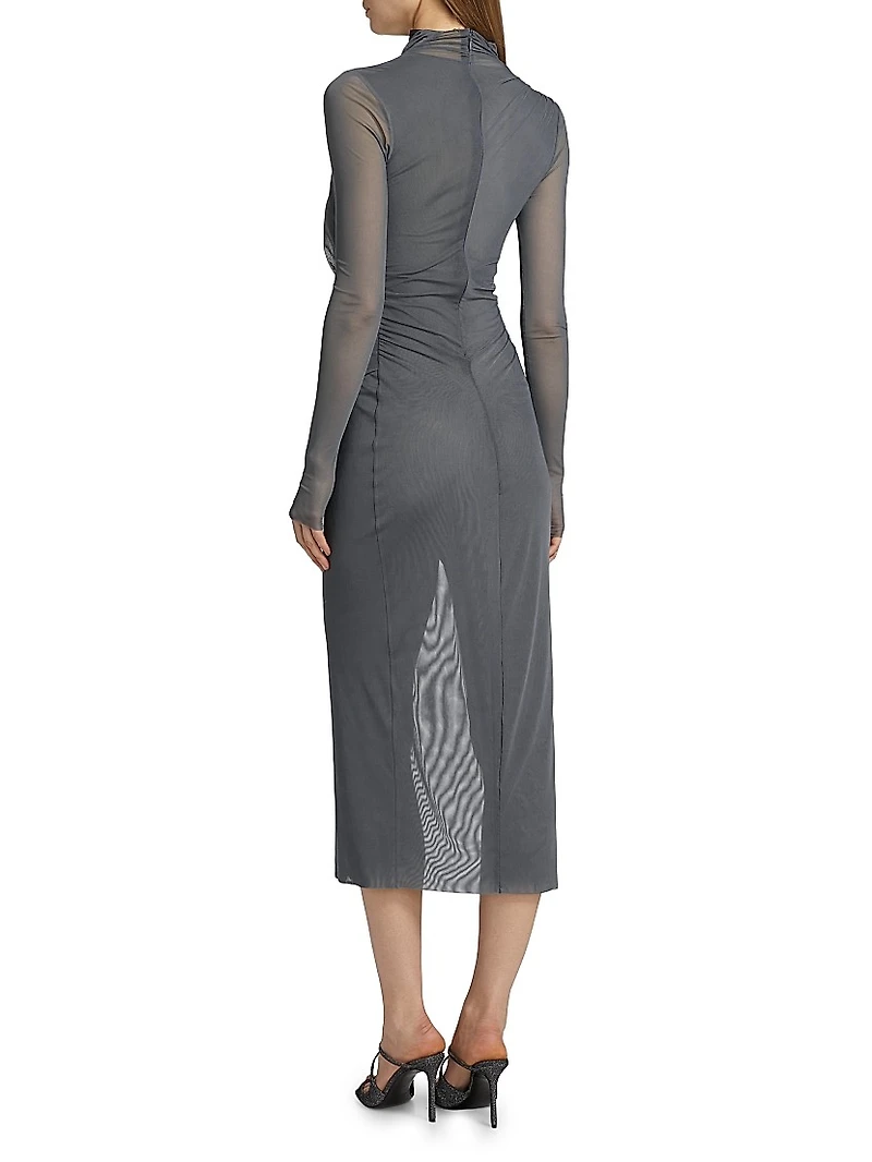 Draped Mesh Mock-Turtleneck Midi-Dress