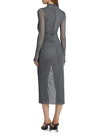 Draped Mesh Mock-Turtleneck Midi-Dress