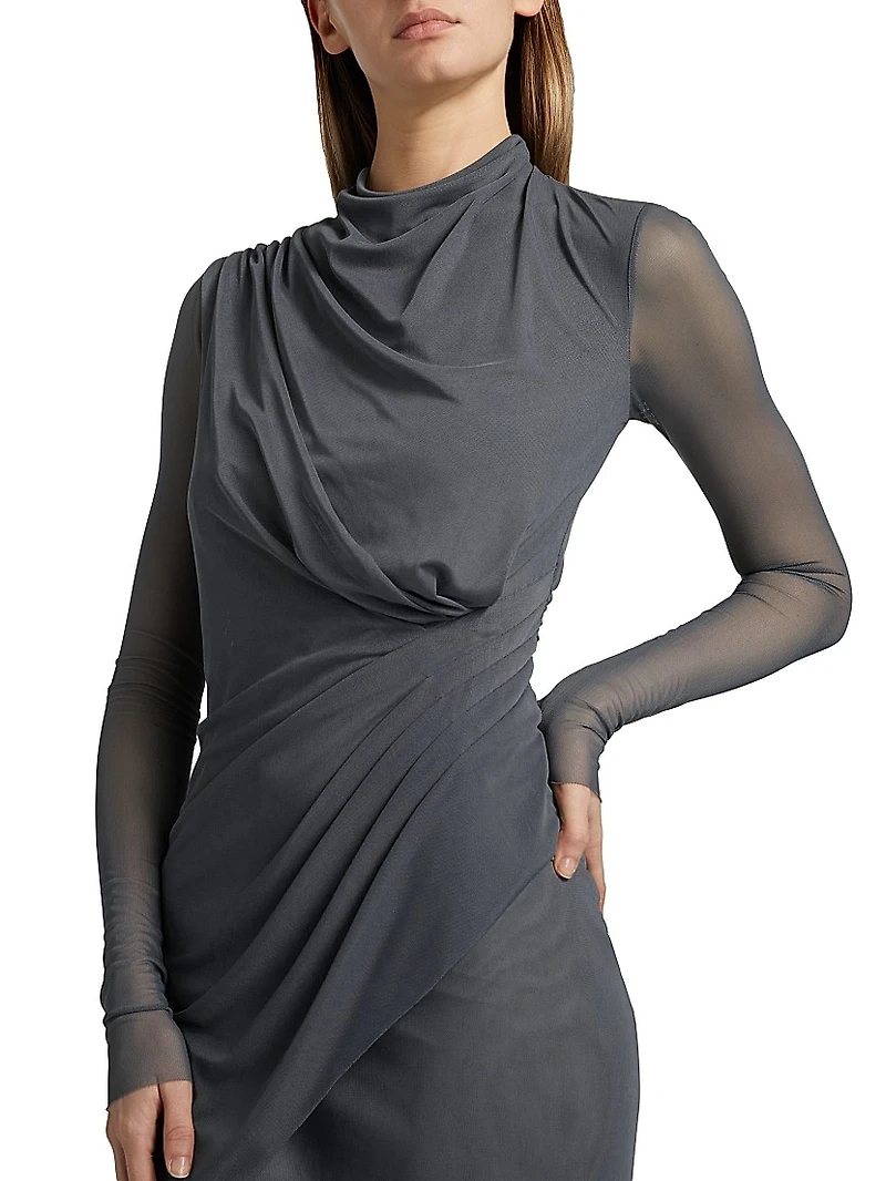 Draped Mesh Mock-Turtleneck Midi-Dress