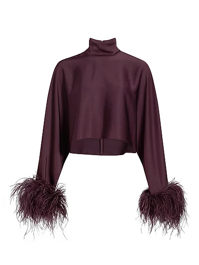 Feather Trim Satin Long-Sleeve Crop Top