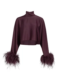 Feather Trim Satin Long-Sleeve Crop Top