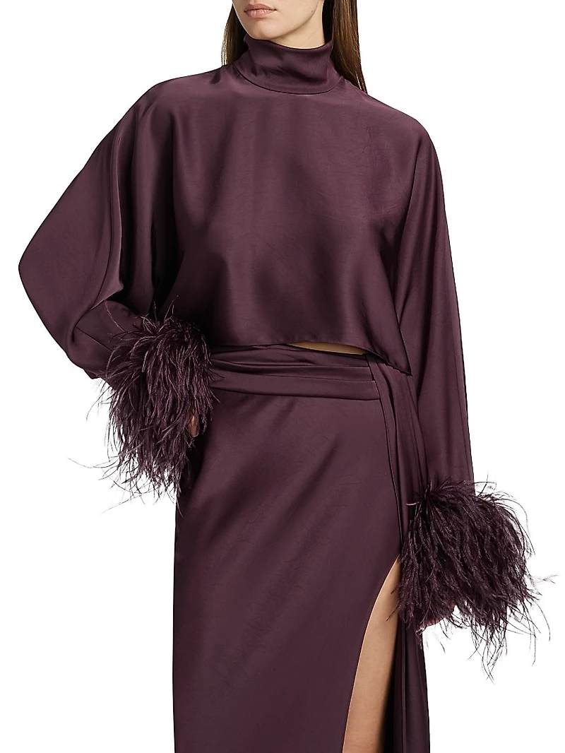 Feather Trim Satin Long-Sleeve Crop Top