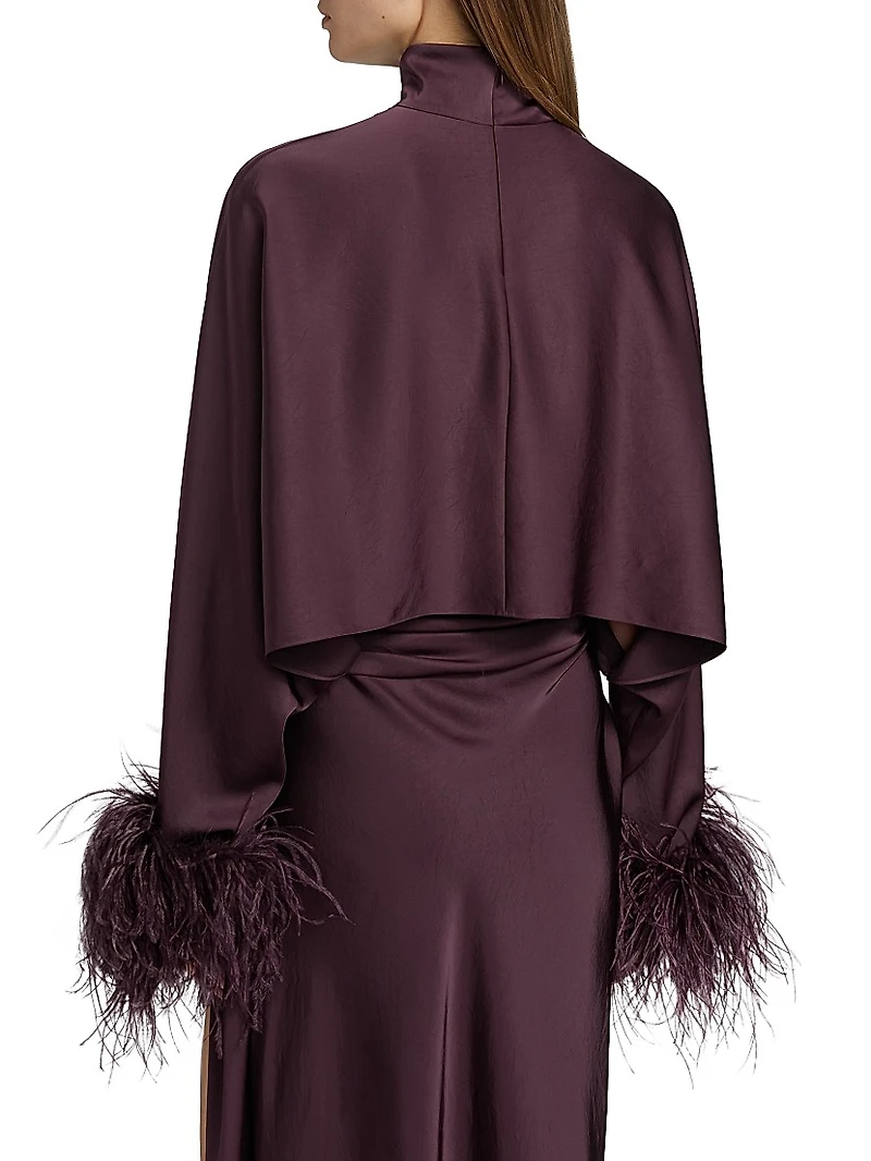 Feather Trim Satin Long-Sleeve Crop Top