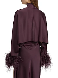 Feather Trim Satin Long-Sleeve Crop Top