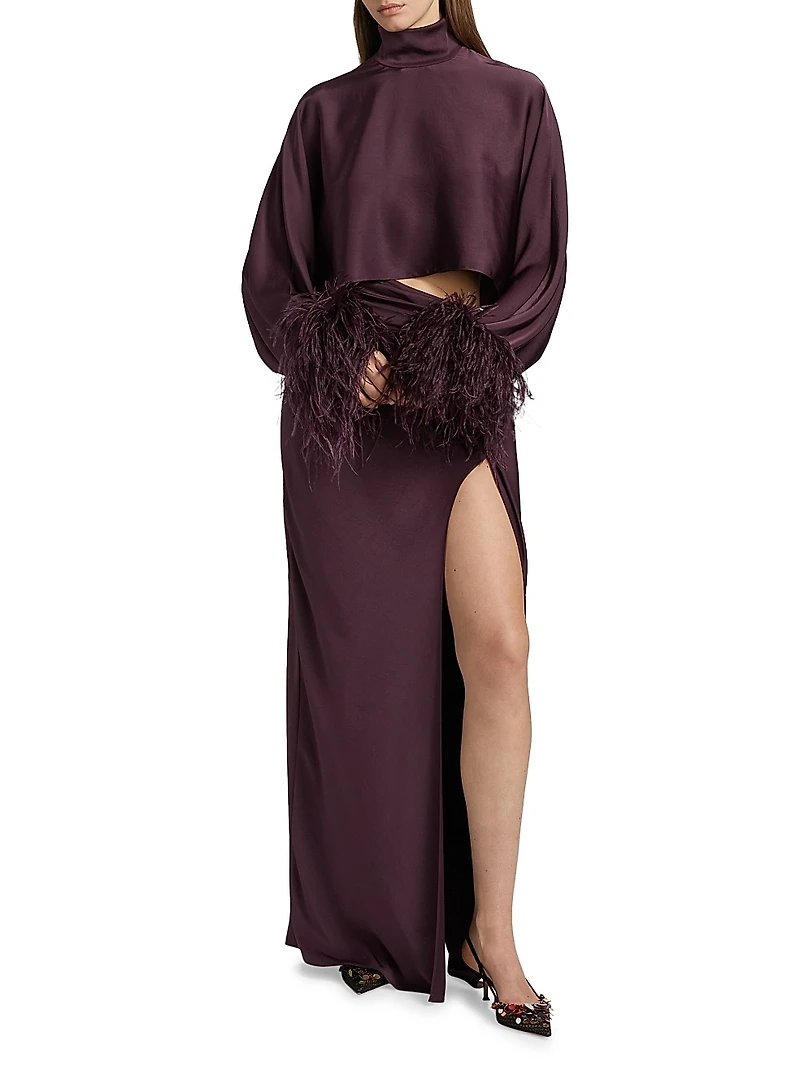 Feather Trim Satin Long-Sleeve Crop Top