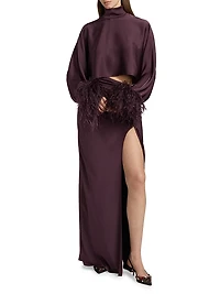 Feather Trim Satin Long-Sleeve Crop Top