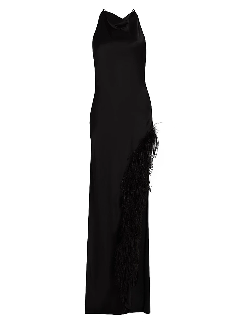 Feather Trim Satin Column Gown