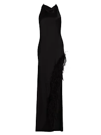 Feather Trim Satin Column Gown