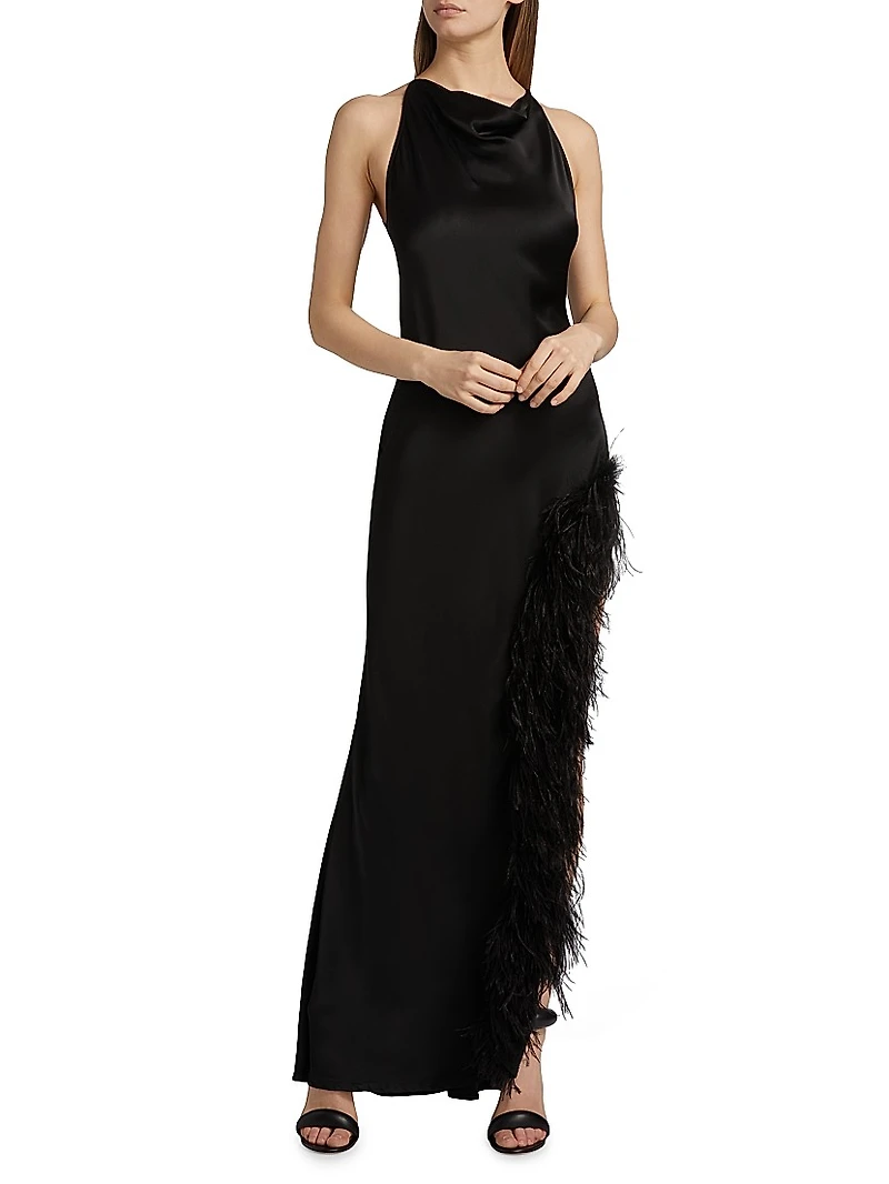 Feather Trim Satin Column Gown