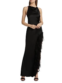 Feather Trim Satin Column Gown