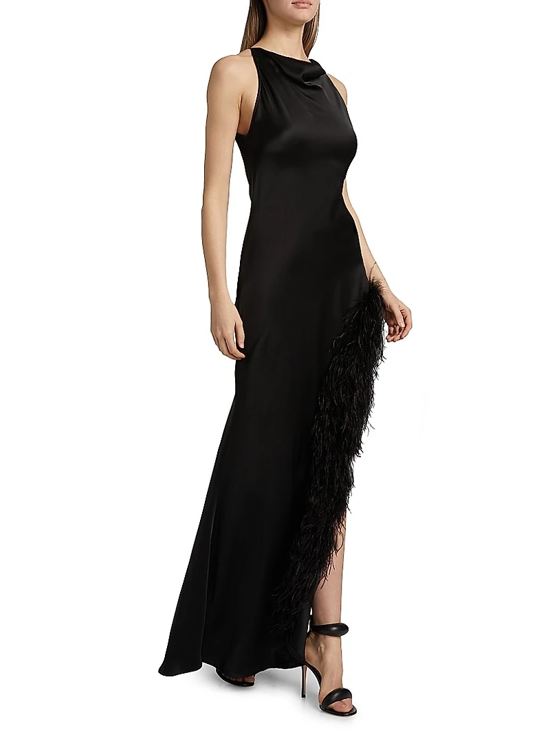Feather Trim Satin Column Gown