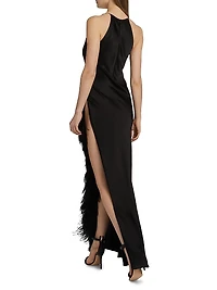 Feather Trim Satin Column Gown