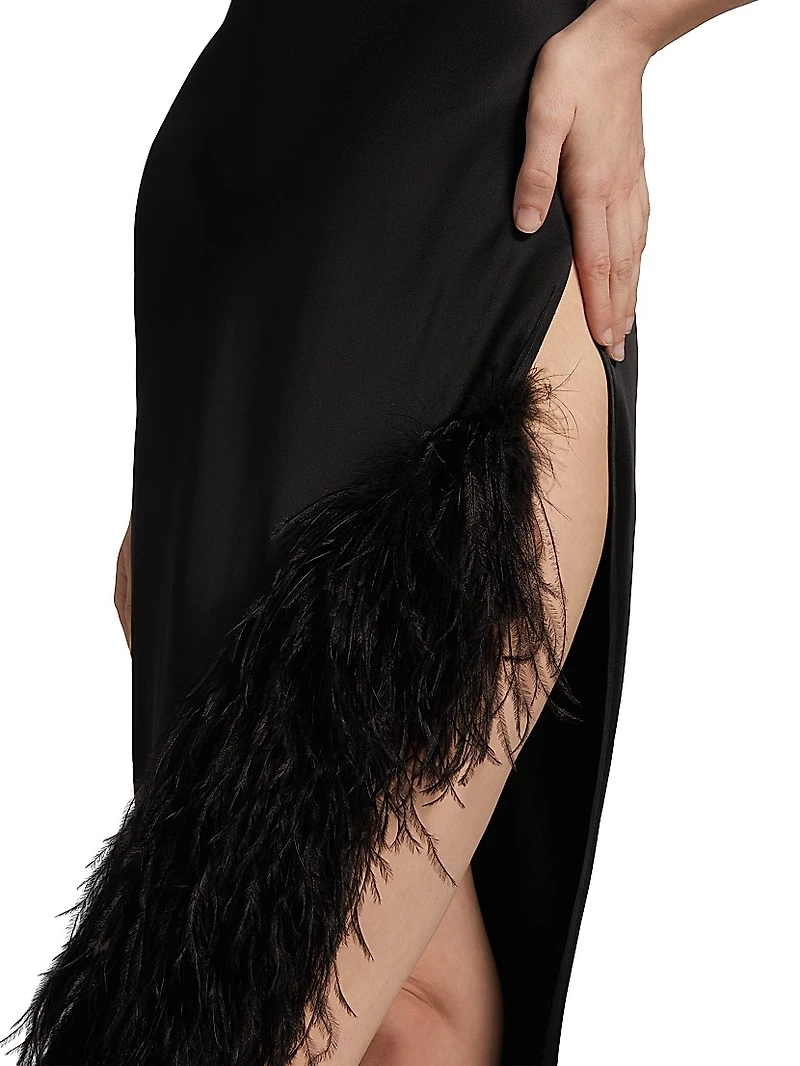 Feather Trim Satin Column Gown