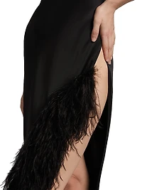 Feather Trim Satin Column Gown