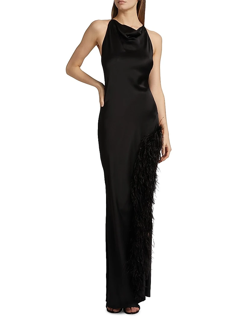Feather Trim Satin Column Gown