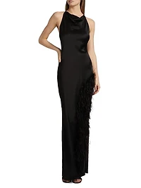 Feather Trim Satin Column Gown
