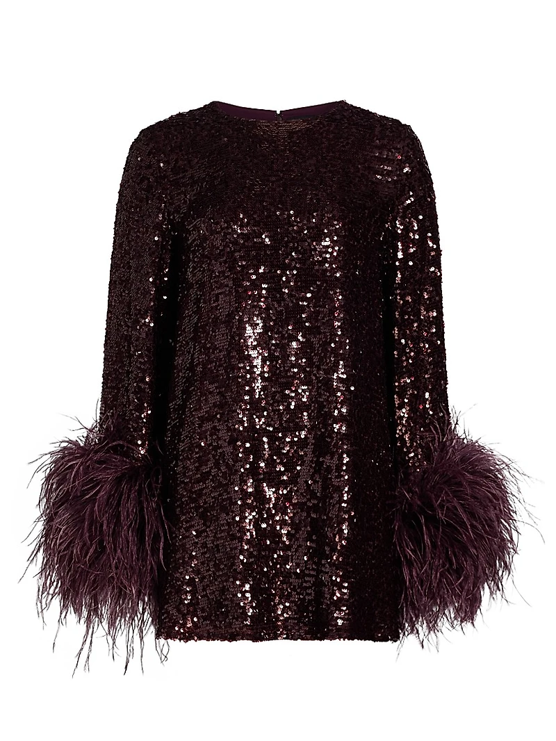 Feather Trim Sequin Long-Sleeve Minidress