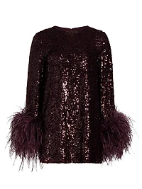 Feather Trim Sequin Long-Sleeve Minidress