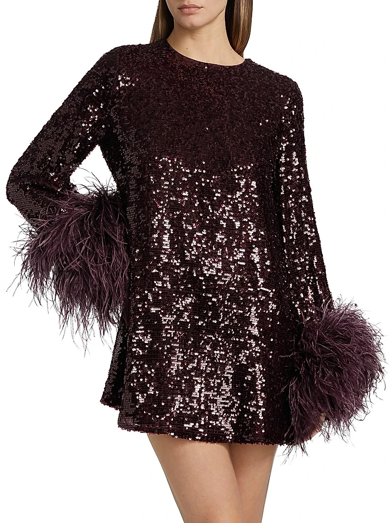 Feather Trim Sequin Long-Sleeve Minidress