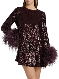 Feather Trim Sequin Long-Sleeve Minidress