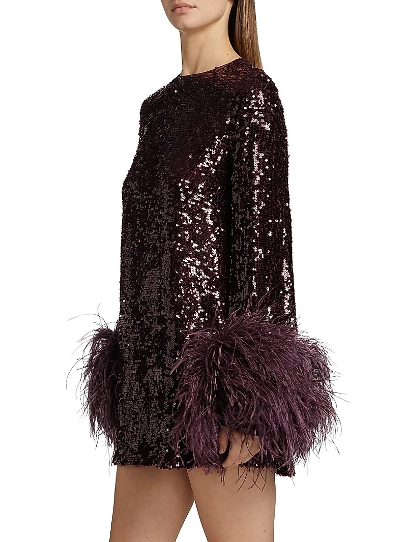 Feather Trim Sequin Long-Sleeve Minidress